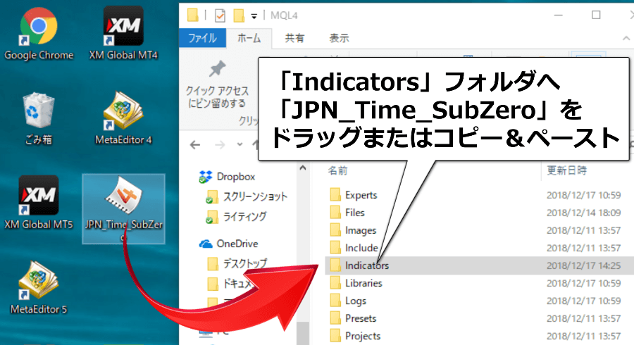 「Indicators」フォルダへ「JPN_Time_SubZero」を追加する方法・使い方