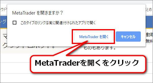 確認ウィンドウ。MetaTraderを開きますか？