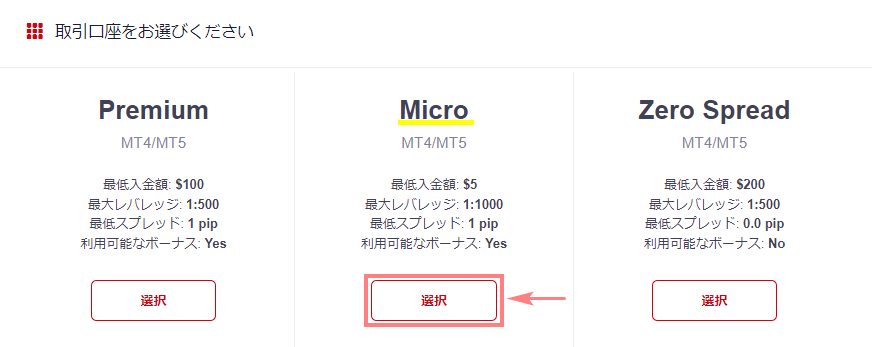 HFM-マイクロ口座を選択