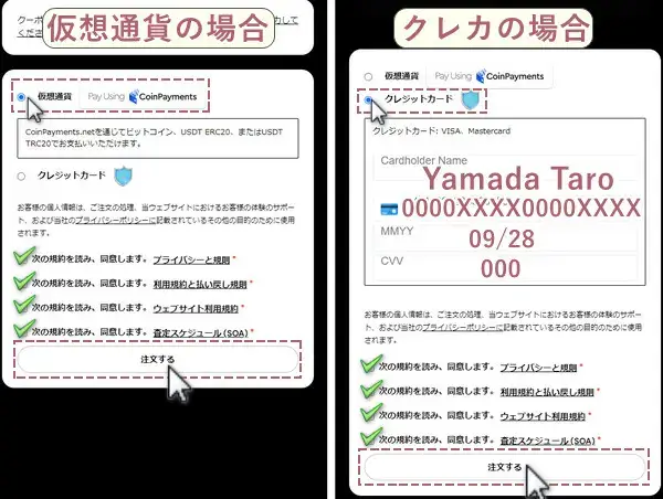 決済方法を選択し注文ボタンを押す