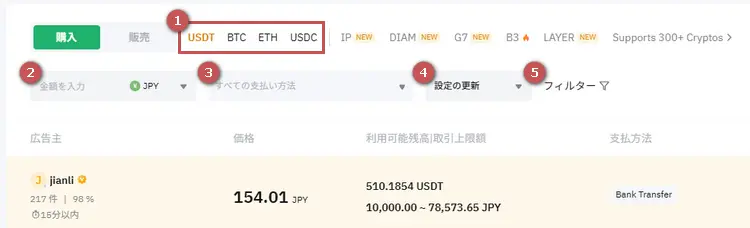 Bybit P2P取引で条件を指定してユーザーを検索
