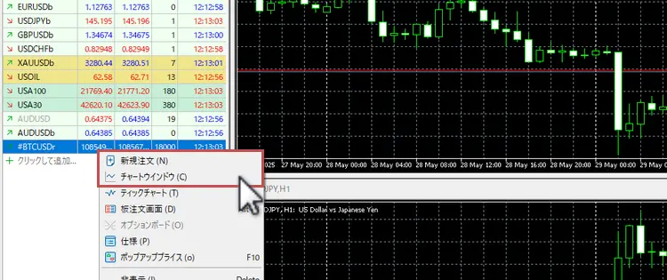 HFMのPC版MT5で注文画面またはチャート画面を表示